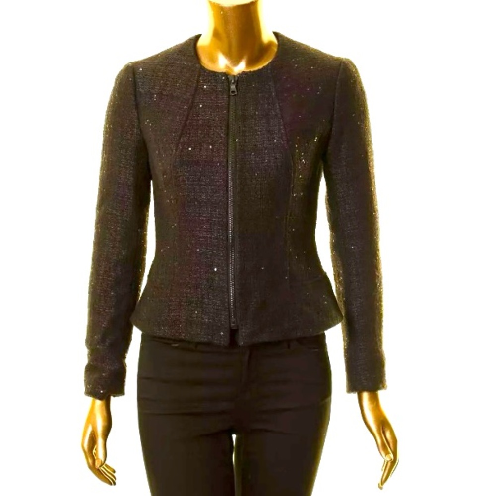Annie Klein Black Sequin Tweed Zippered Jacket Size 8